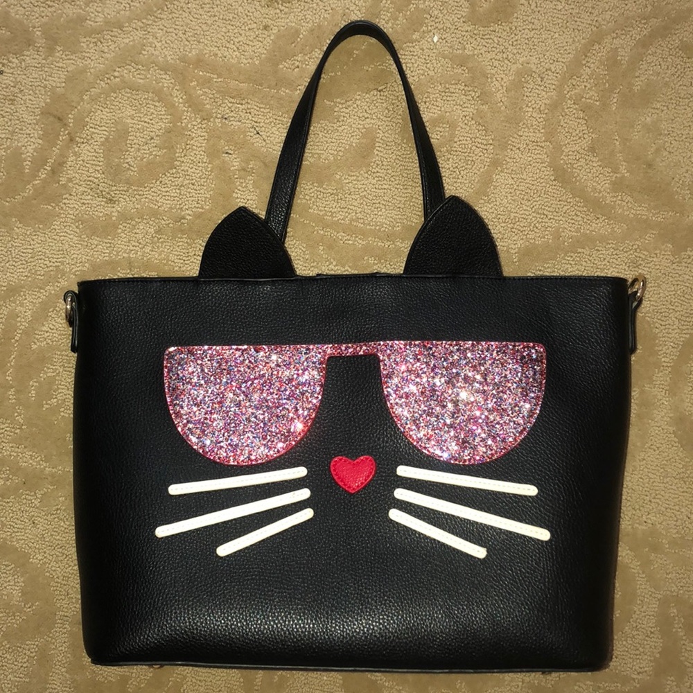 NEW Cat Glitter Tote Bag Large Black Faux Leather